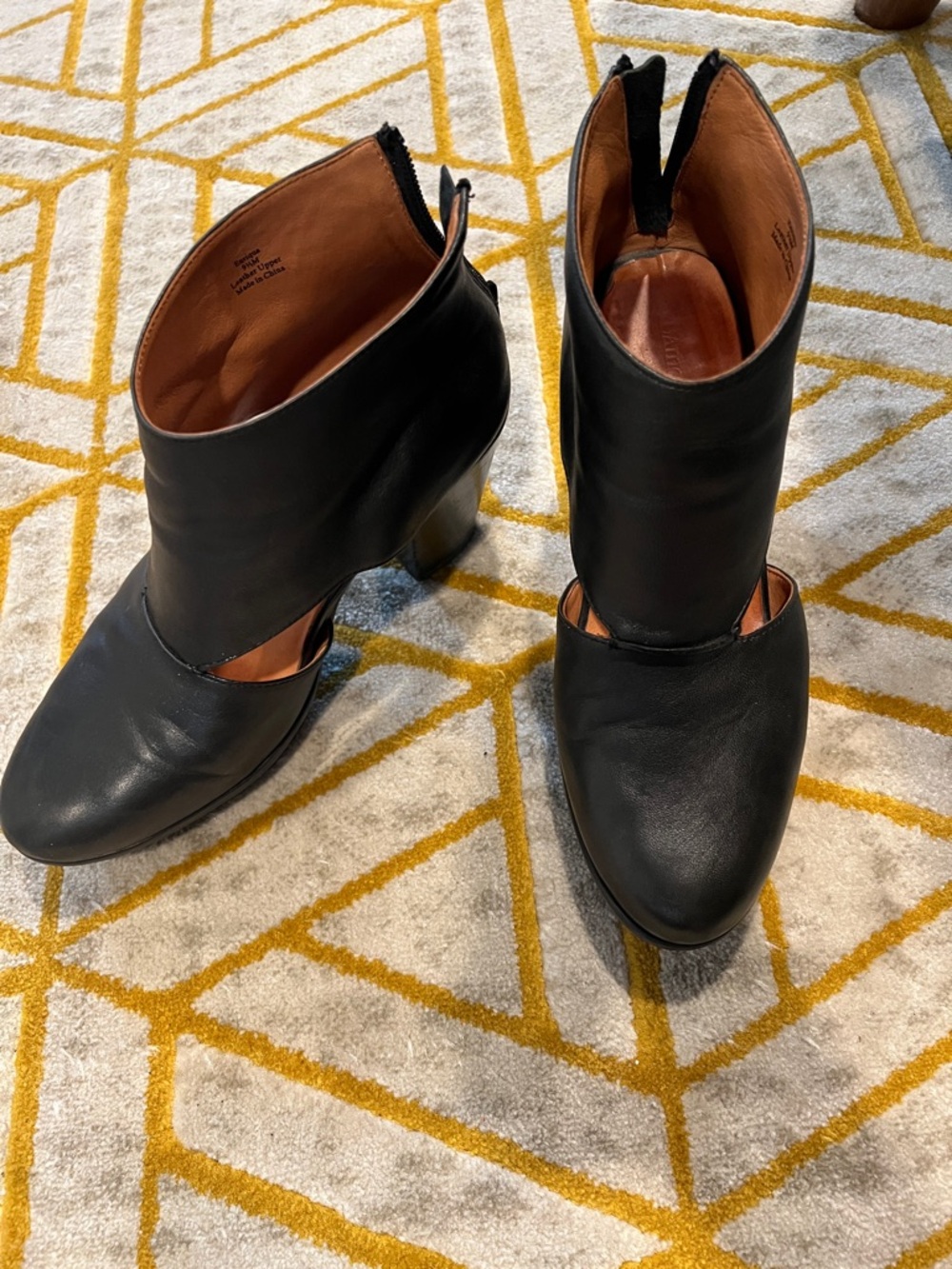 Black Leather Cutout Ankle Booties with Block Heel